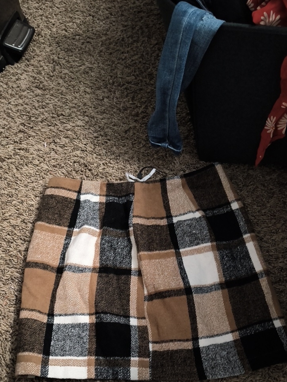 Plaid A-Line Mini Skirt in Camel, Black & White